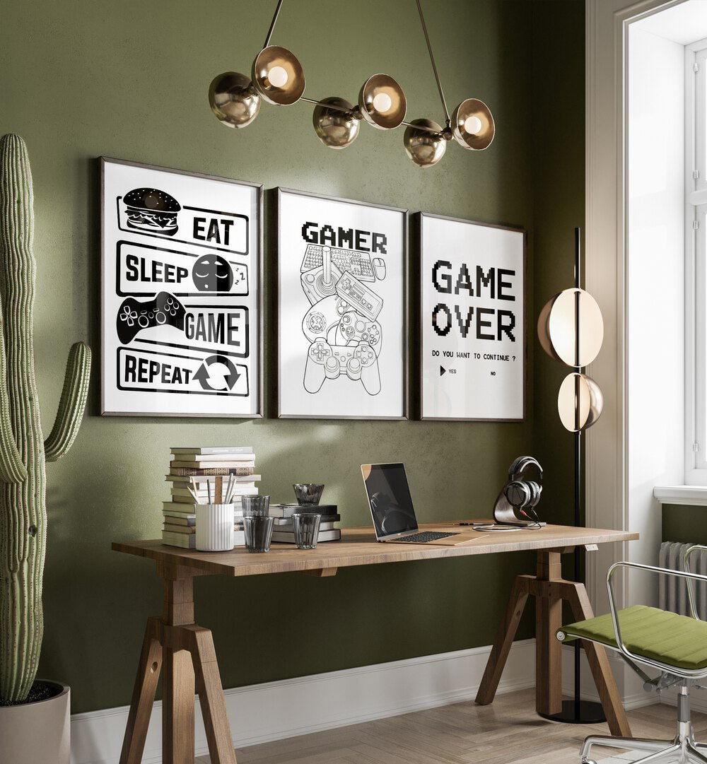 Elevate your space with GAMERS, SET OF 3 PAINTINGS featuring "Eat Sleep Game Repeat" for every gaming enthusiast.