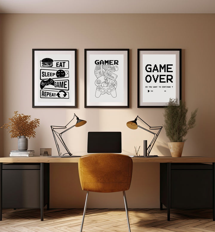 Enhance your space with GAMERS, SET OF 3 PAINTINGS featuring gaming quotes, perfect for any gaming sanctuary.