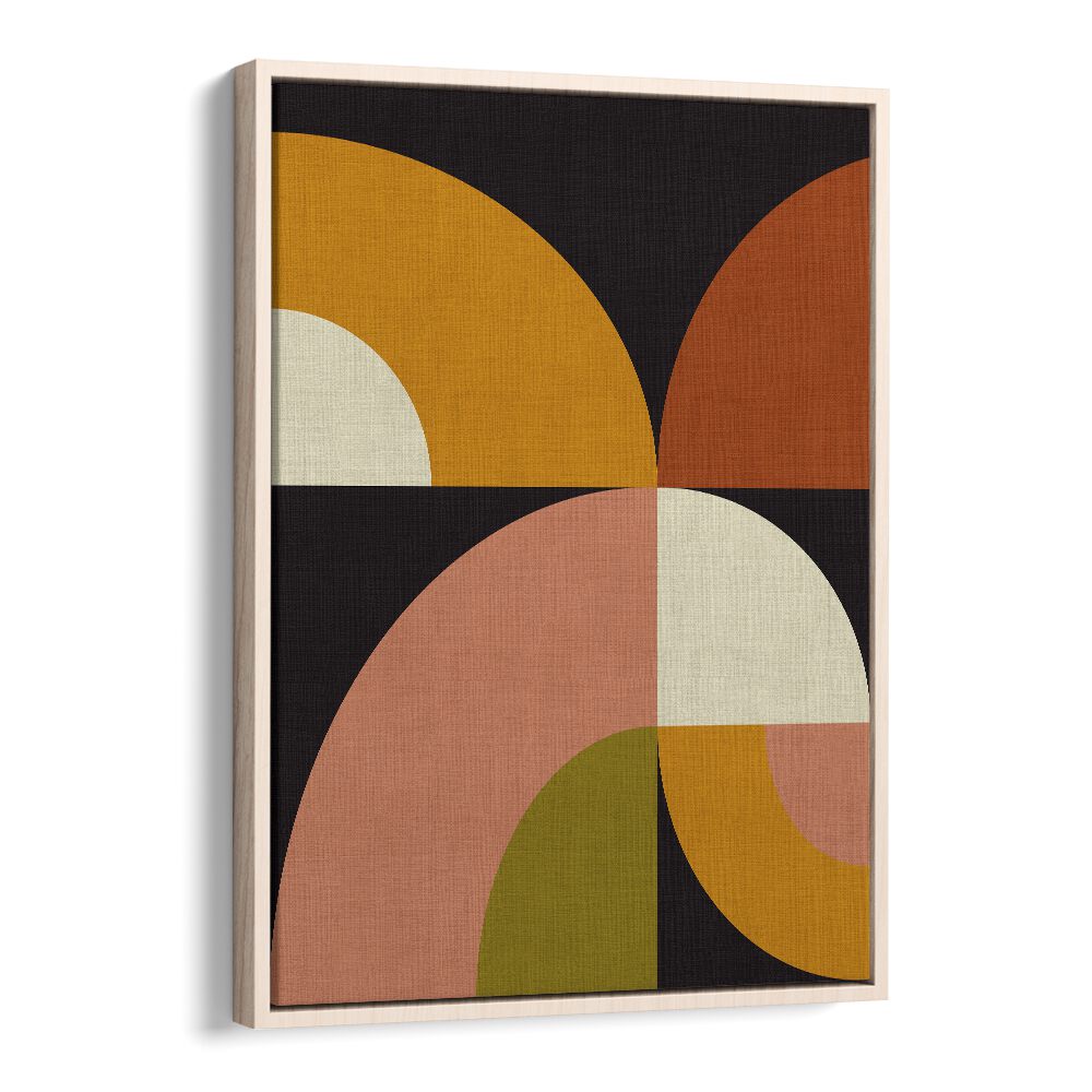 Colorful geometric design in oak frame, showcasing GEO SHAPES FALL XXI GEO, ABSTRACT PAINTINGS by Ana Rut Bre.