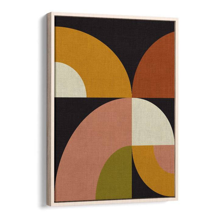 Colorful geometric design in oak frame, showcasing GEO SHAPES FALL XXI GEO, ABSTRACT PAINTINGS by Ana Rut Bre.