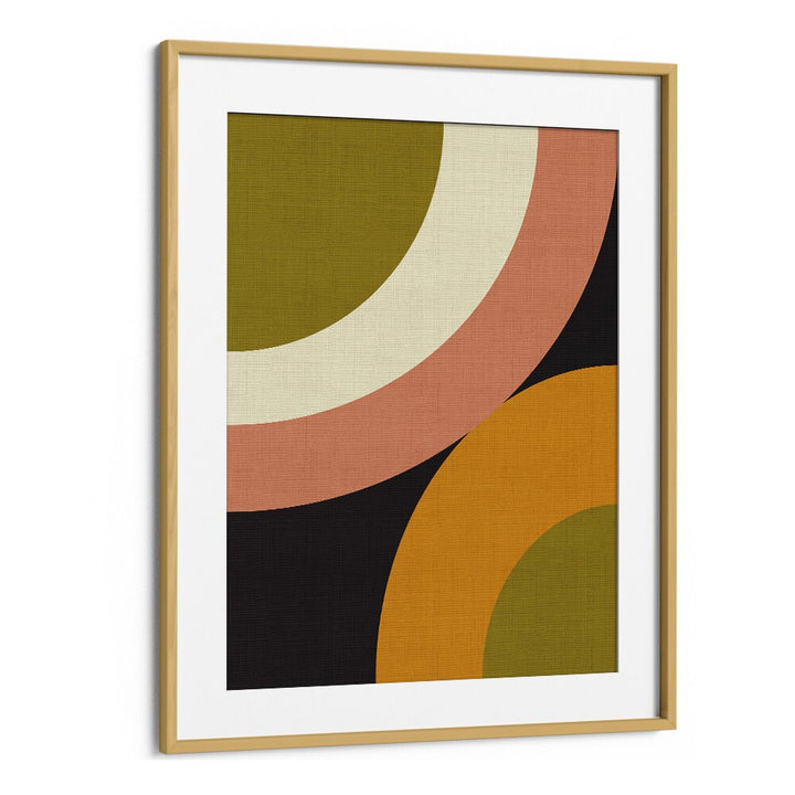 GEO SHAPES FALL XXI ROUNDED, ABSTRACT PAINTINGS by Ana Rut Bre, features vibrant colors in a stylish oak frame.