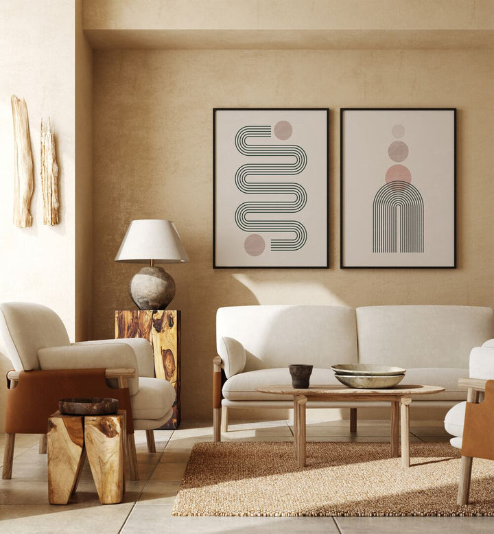 Stylish GEOMETRIC GREEN LINES, SET OF 2 PAINTINGS enhance modern bohemian decor in any living space.