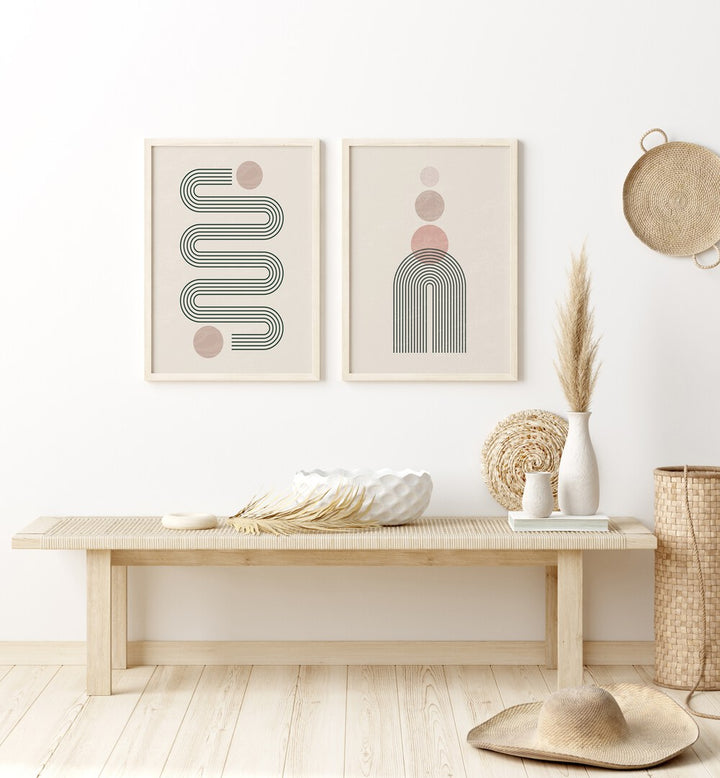 Stylish GEOMETRIC GREEN LINES, SET OF 2 PAINTINGS enhancing modern decor in a bright living space. Perfect for any room.