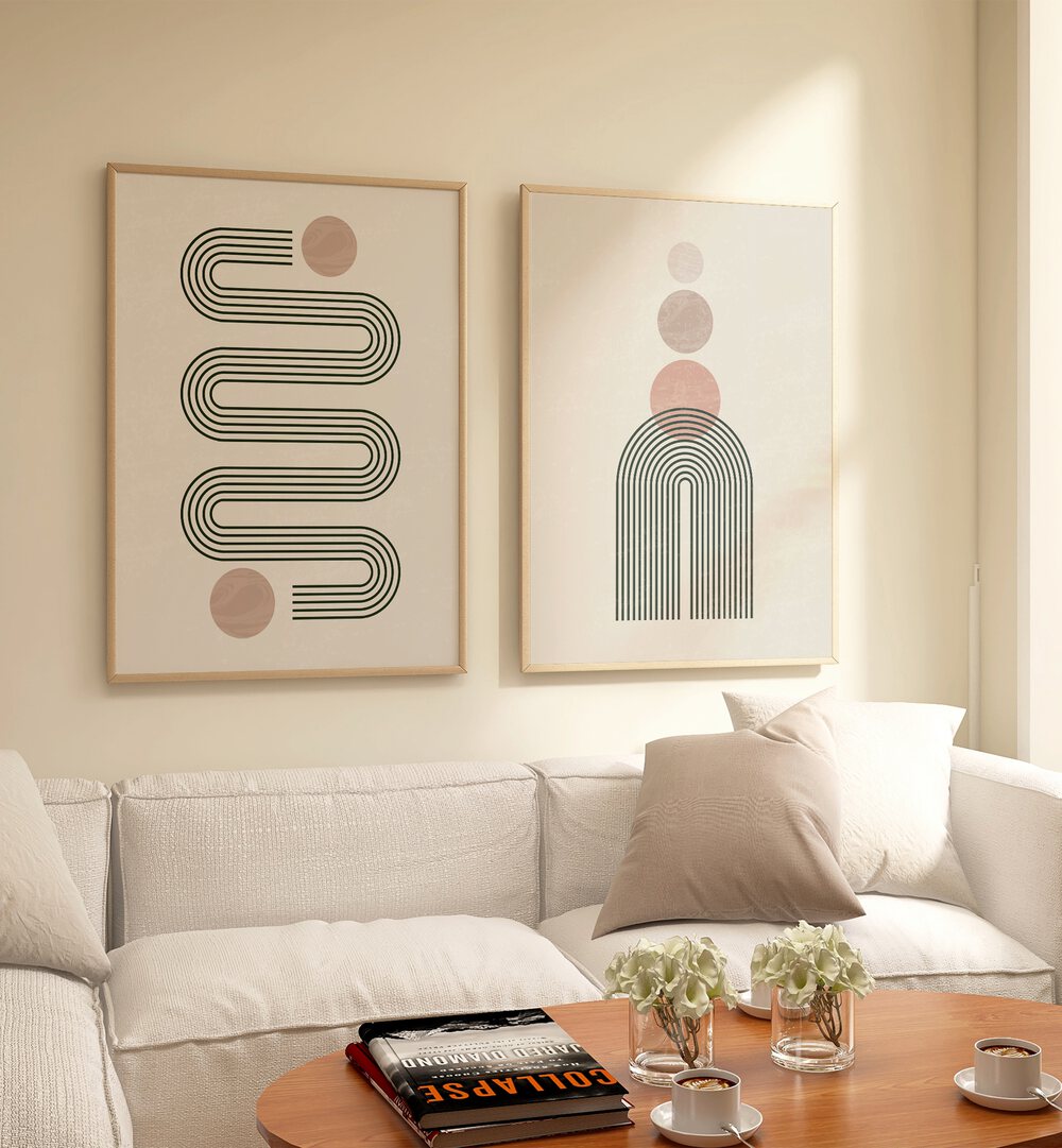 Elevate your decor with GEOMETRIC GREEN LINES, SET OF 2 PAINTINGS, perfect for modern bohemian spaces.