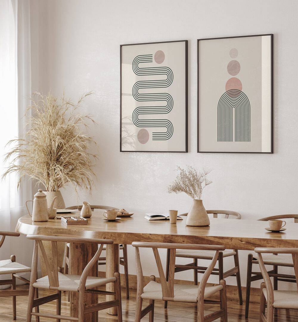 Stylish GEOMETRIC GREEN LINES, SET OF 2 PAINTINGS enhancing modern decor in a cozy dining area.
