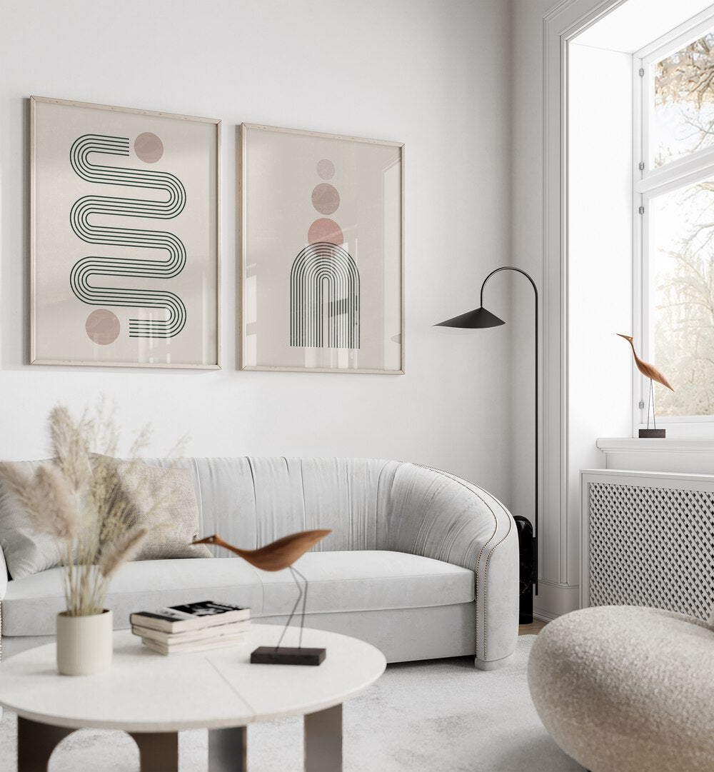 Stylish GEOMETRIC GREEN LINES, SET OF 2 PAINTINGS enhancing modern bohemian living space decor. Perfect for any room.