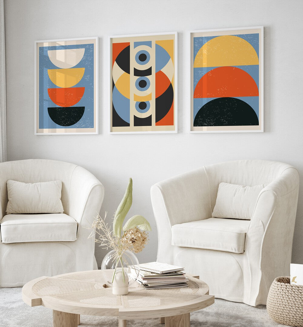 Transform your space with the GEOMETRIC MODERN ABSTRACT, SET OF 3 PAINTINGS, featuring vibrant contemporary designs.