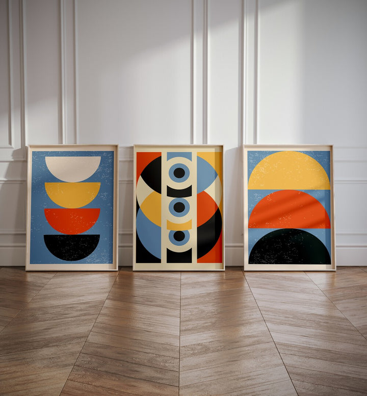 Elevate your decor with the GEOMETRIC MODERN ABSTRACT, SET OF 3 PAINTINGS, featuring vibrant contemporary designs.