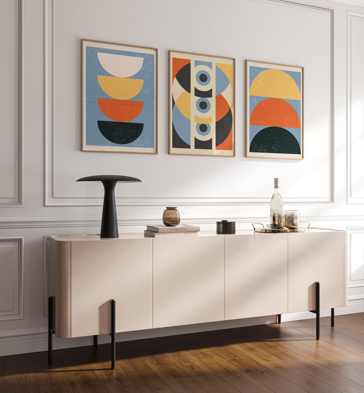 Elevate your decor with the GEOMETRIC MODERN ABSTRACT, SET OF 3 PAINTINGS featuring vibrant contemporary designs.