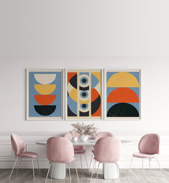 Brighten your space with the GEOMETRIC MODERN ABSTRACT, SET OF 3 PAINTINGS showcasing stunning contemporary designs.