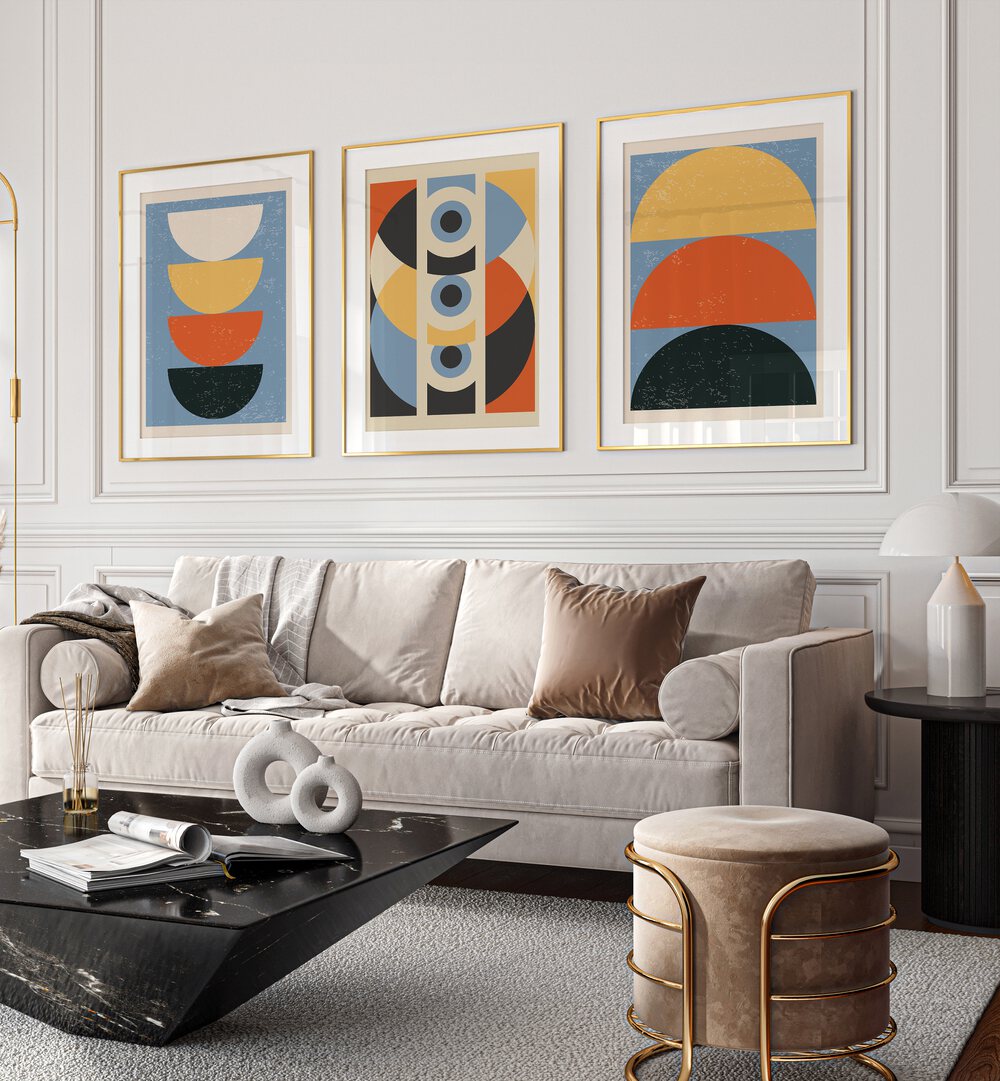 Enhance your decor with the GEOMETRIC MODERN ABSTRACT, SET OF 3 PAINTINGS, featuring stunning, vibrant designs.