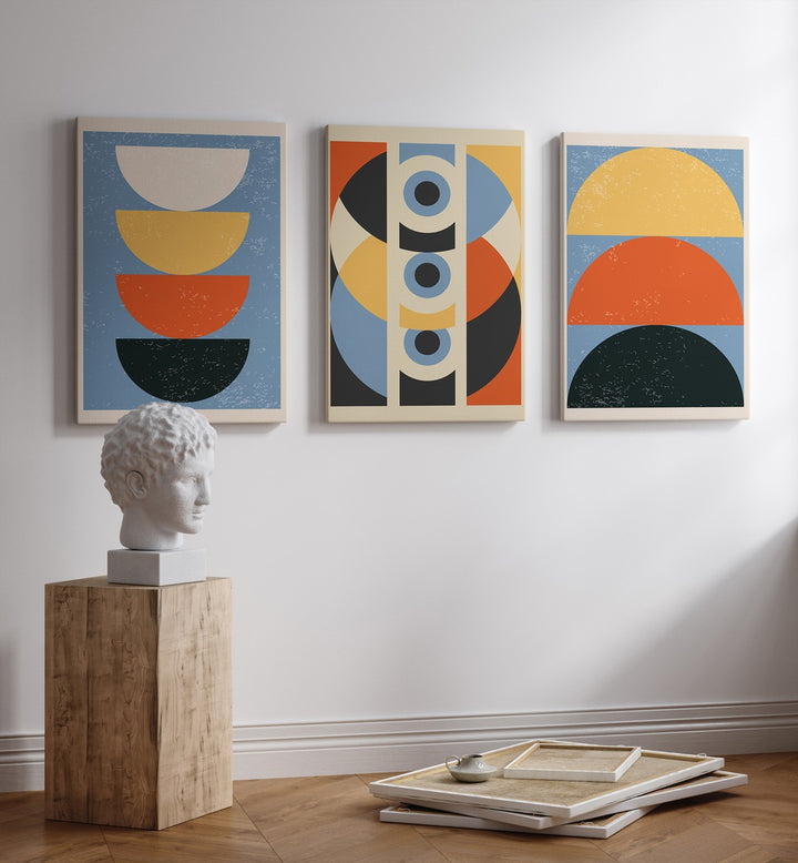 Enhance your decor with the GEOMETRIC MODERN ABSTRACT, SET OF 3 PAINTINGS featuring vibrant, eye-catching designs.
