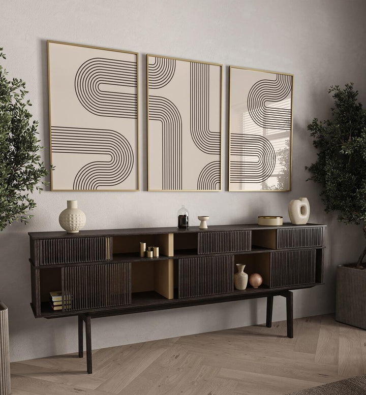 Transform your space with GEOMETRICAL LINES BOHO STYLE, SET OF 3 PAINTINGS, featuring abstract geometric designs.