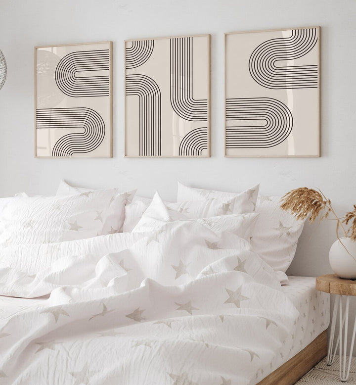 Transform your space with GEOMETRICAL LINES BOHO STYLE, SET OF 3 PAINTINGS featuring elegant abstract designs.