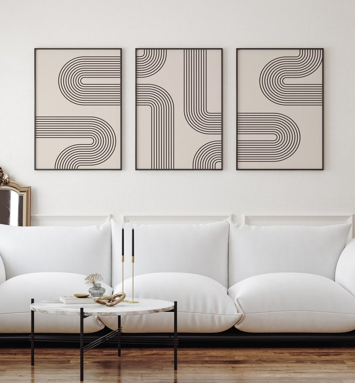 Stylish GEOMETRICAL LINES BOHO STYLE, SET OF 3 PAINTINGS enhancing modern living spaces with elegant abstract designs.