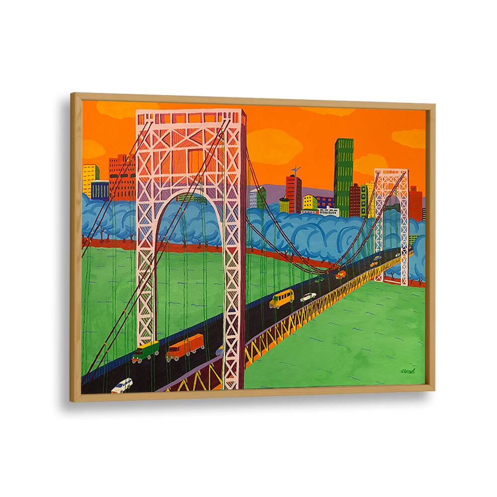 george washington bridge landscape art prints in Oak Wood Plain Frame
