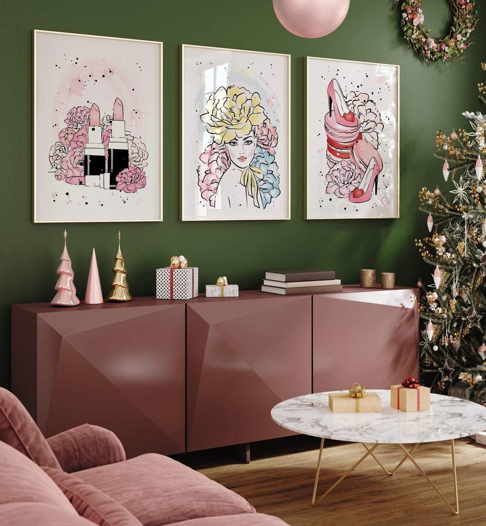 Stylish GIRL BOSS SET, SET OF 3 PAINTINGS showcasing femininity and ambition, perfect for empowering modern spaces.