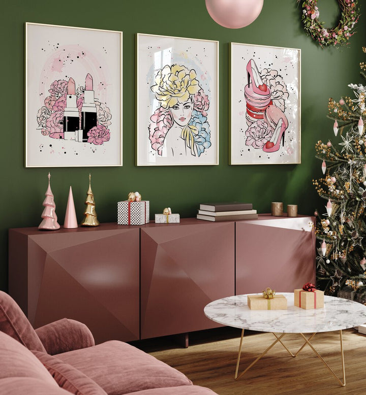 Stylish GIRL BOSS SET, SET OF 3 PAINTINGS showcasing femininity and ambition, perfect for empowering modern spaces.