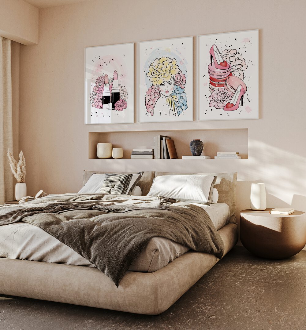 Stylish GIRL BOSS SET, SET OF 3 PAINTINGS enhancing a modern bedroom, celebrating femininity and ambition.