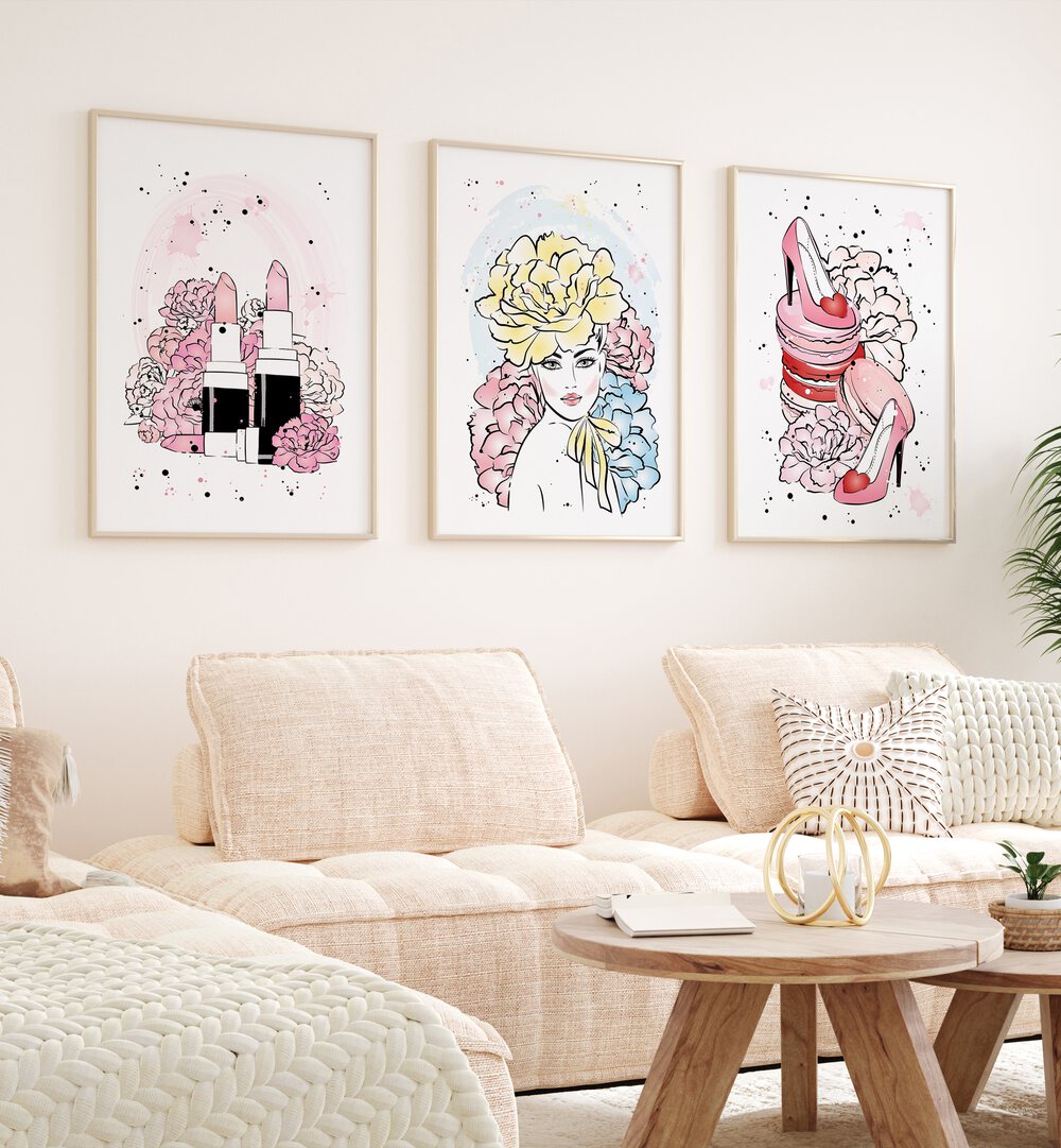 Decorate your space with the GIRL BOSS SET, SET OF 3 PAINTINGS, embodying empowerment and femininity.