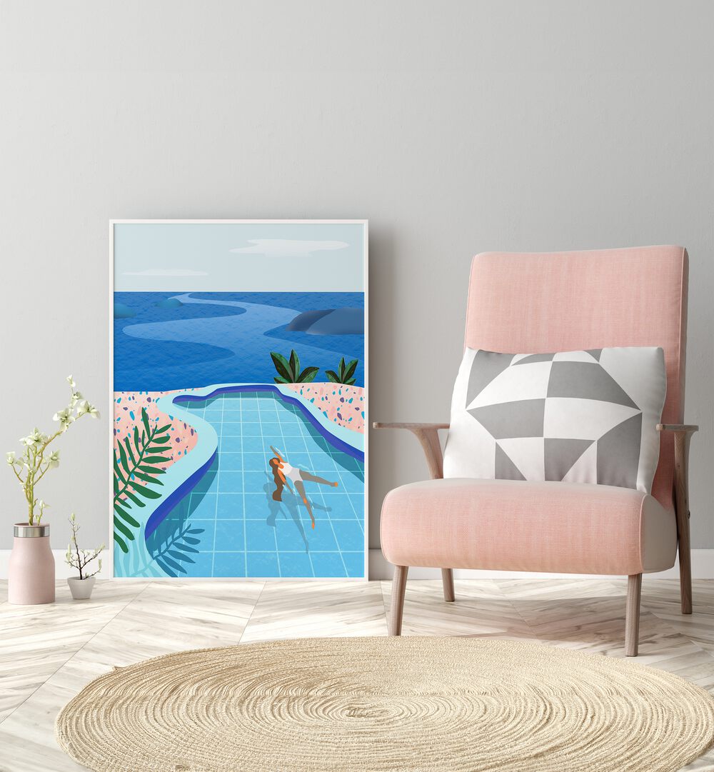 Transform your space with GIRL IN POOL, WALL ART PRINTS by Petra Lidze, capturing serene summer vibes beautifully.