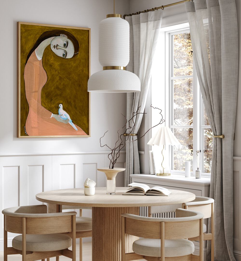 Captivating GIRL WITH DOVE SITTING , PORTRAITS artwork by Sharyn Bursic, featuring grace in a pink dress.