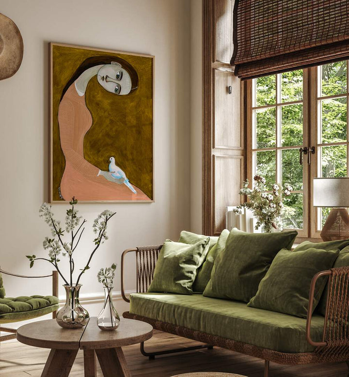 Captivating GIRL WITH DOVE SITTING, PORTRAITS artwork by Sharyn Bursic, featuring a graceful girl in a pink dress.