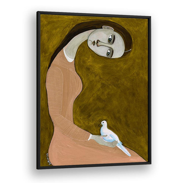 Captivating GIRL WITH DOVE SITTING , PORTRAITS artwork featuring a young woman in a pink dress with a delicate dove.