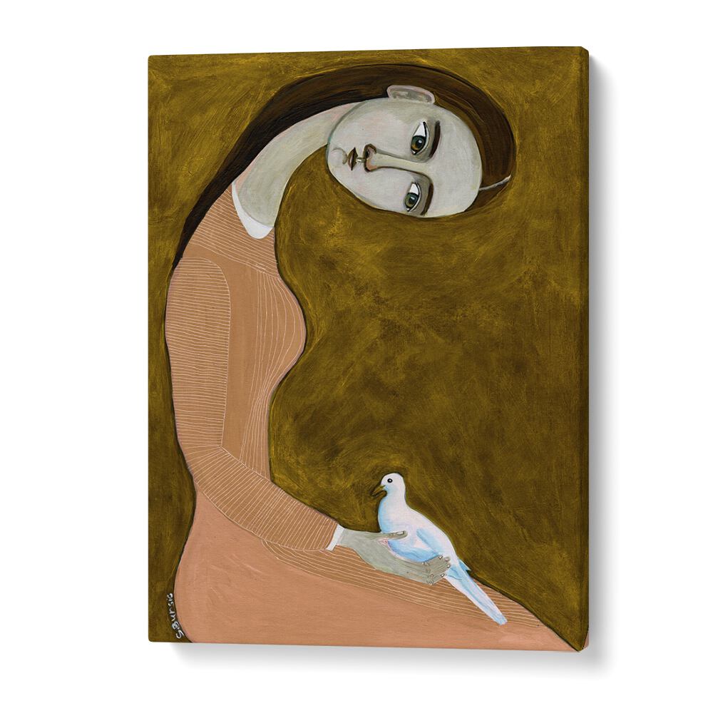 Captivating GIRL WITH DOVE SITTING , PORTRAITS illustration, showcasing grace in a pink dress by Sharyn Bursic.