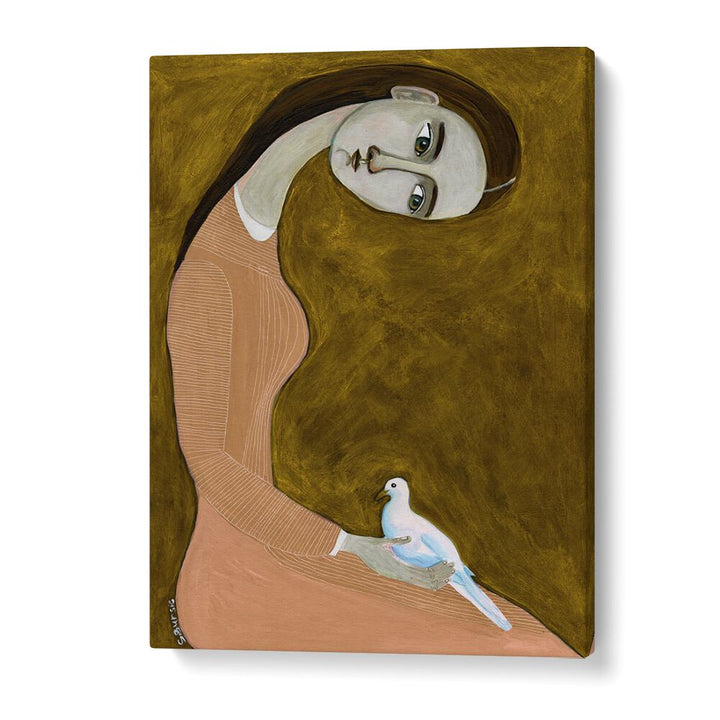 Captivating GIRL WITH DOVE SITTING , PORTRAITS illustration, showcasing grace in a pink dress by Sharyn Bursic.