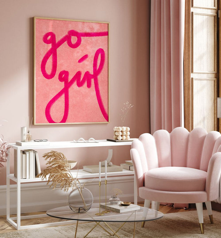 Elevate your space with GO GIRL, FASHION POSTERS by Raissa Oltmanns, featuring vibrant pink art on canvas.