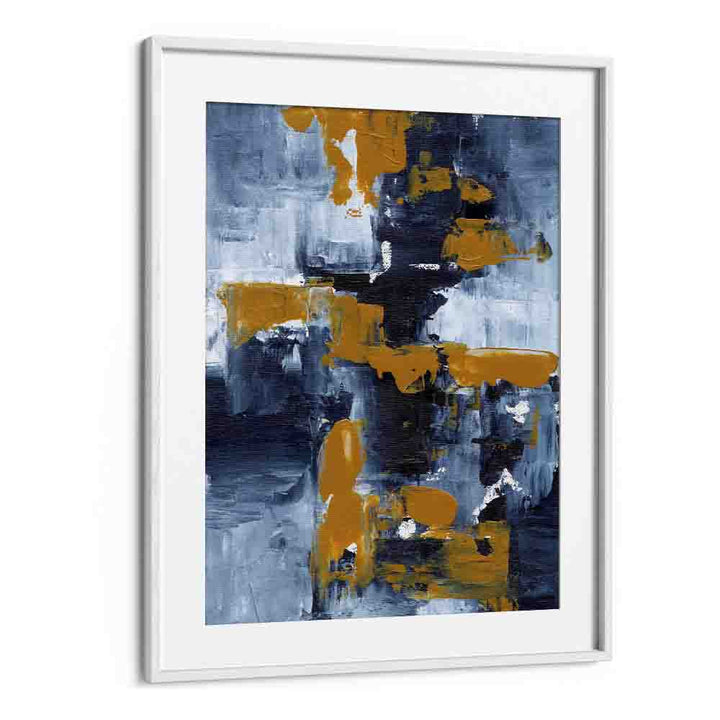 GOLD RUSH, ABSTRACT PAINTINGS by Ejaaz Haniff features vibrant colors and dynamic textures in a modern white frame.