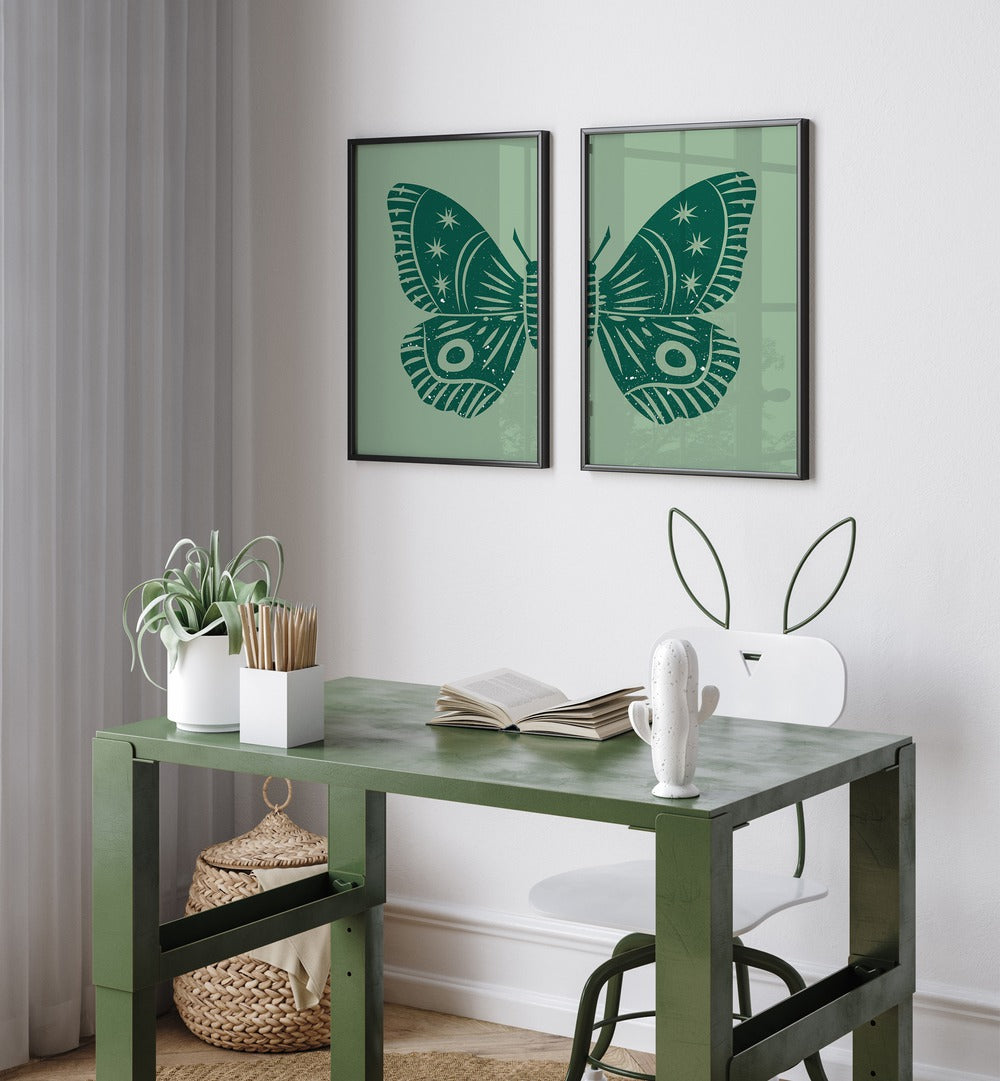 Enhance your decor with the GREEN BUTTERFLY, SET OF 2 PAINTINGS, featuring stunning botanical designs.