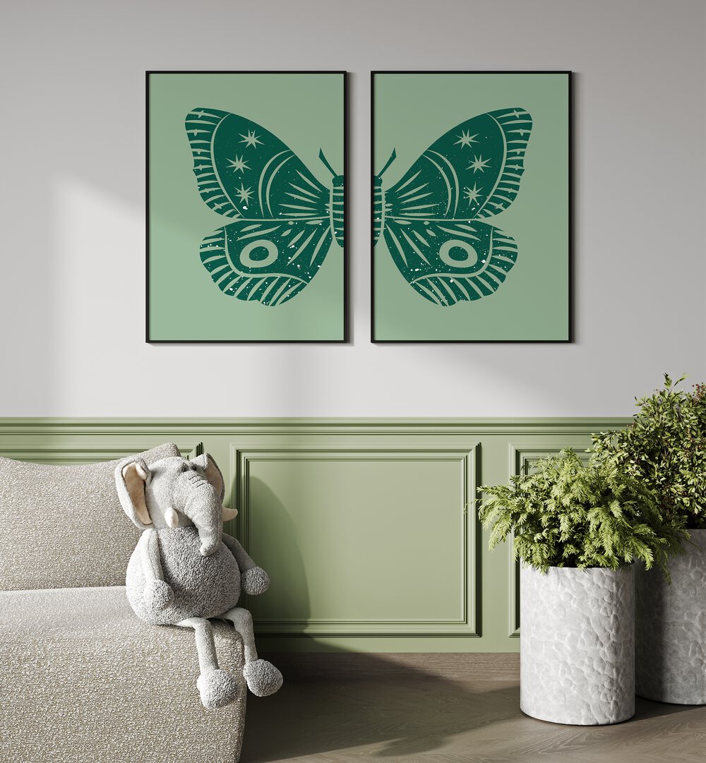 Captivating GREEN BUTTERFLY, SET OF 2 PAINTINGS, perfect for adding nature's serenity to your home decor.