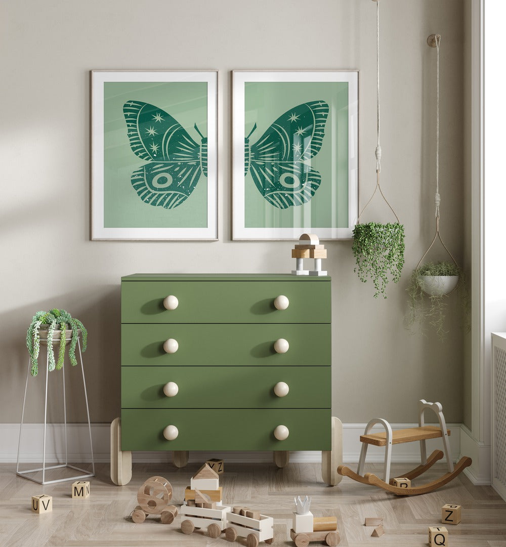 Captivating GREEN BUTTERFLY, SET OF 2 PAINTINGS, framed art prints enhancing any home's natural serenity.