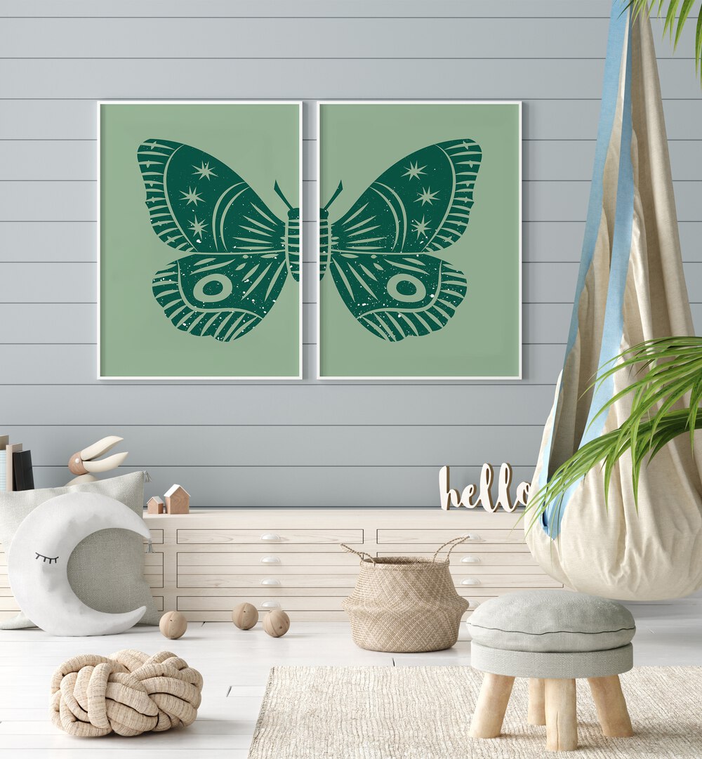 Elegant GREEN BUTTERFLY, SET OF 2 PAINTINGS, featuring botanical designs that enhance your home decor with nature's beauty.