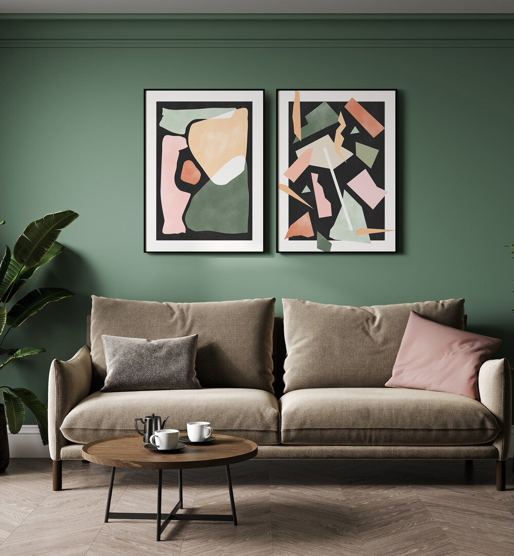 Add elegance to your space with GREEN GEOMETRICAL RIPPLES, SET OF 2 PAINTINGS, showcasing vibrant geometric patterns.