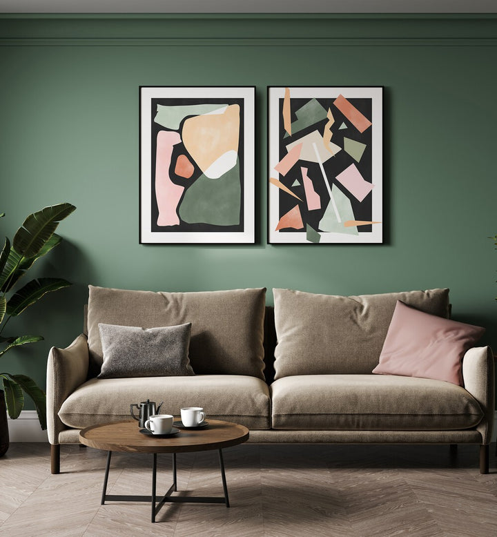 Add elegance to your space with GREEN GEOMETRICAL RIPPLES, SET OF 2 PAINTINGS, showcasing vibrant geometric patterns.