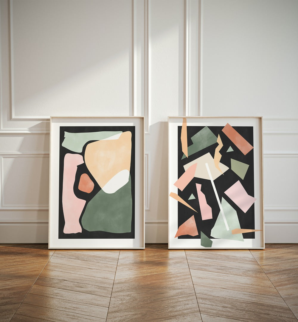 Contemporary elegance shines with GREEN GEOMETRICAL RIPPLES, SET OF 2 PAINTINGS in vibrant green hues.