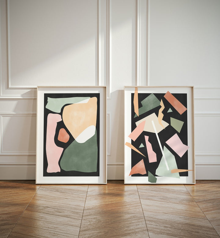 Contemporary elegance shines with GREEN GEOMETRICAL RIPPLES, SET OF 2 PAINTINGS in vibrant green hues.