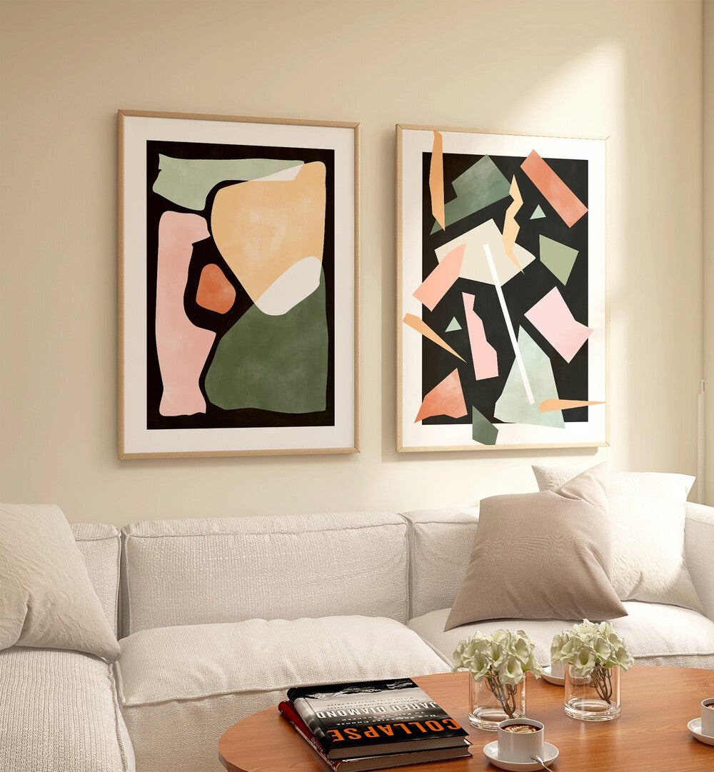 Contemporary decor featuring GREEN GEOMETRICAL RIPPLES, SET OF 2 PAINTINGS for a stylish home ambiance.