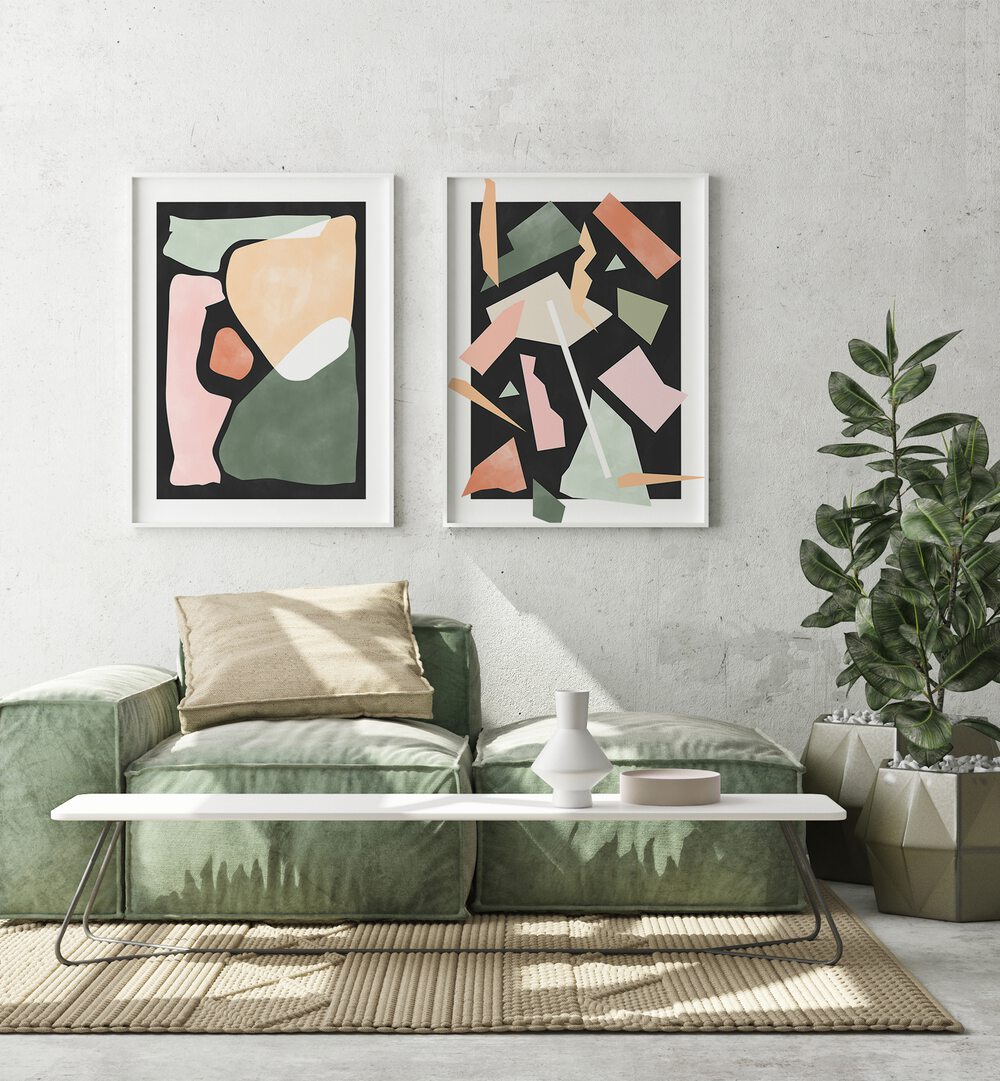Contemporary elegance with GREEN GEOMETRICAL RIPPLES, SET OF 2 PAINTINGS showcasing vibrant geometric patterns.