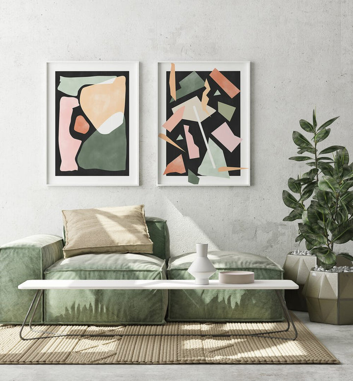 Contemporary elegance with GREEN GEOMETRICAL RIPPLES, SET OF 2 PAINTINGS showcasing vibrant geometric patterns.