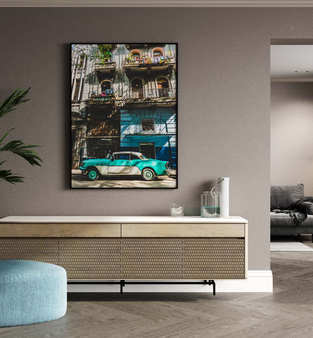 HABANA STREET I, CAR POSTERS showcase a classic car against vibrant Havana architecture, capturing the city's charm.