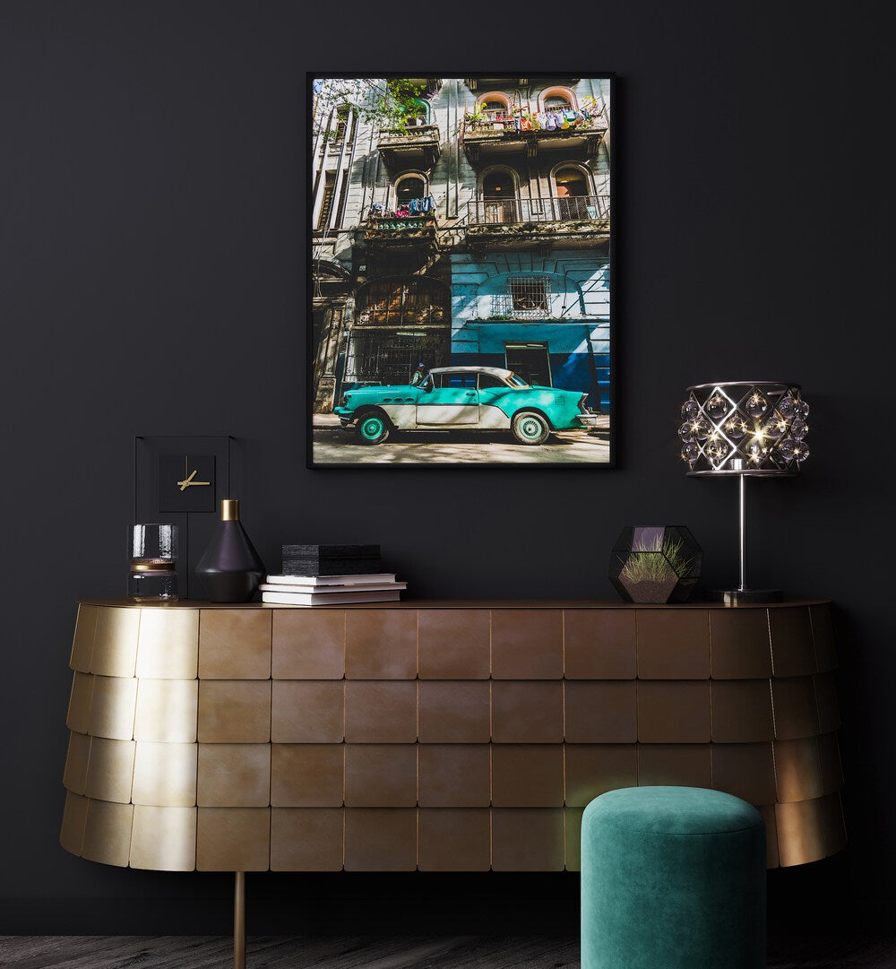 Vibrant HABANA STREET I, CAR POSTERS artwork showcasing a classic car against Havana's charming backdrop. Perfect for decor.