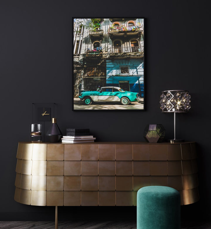 Vibrant HABANA STREET I, CAR POSTERS artwork showcasing a classic car against Havana's charming backdrop. Perfect for decor.