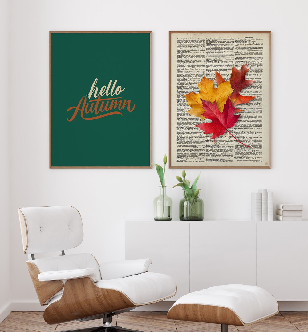 Cozy living room featuring HELLO AUTUMN, SET OF 2 PAINTINGS with vibrant fall colors and intricate designs.