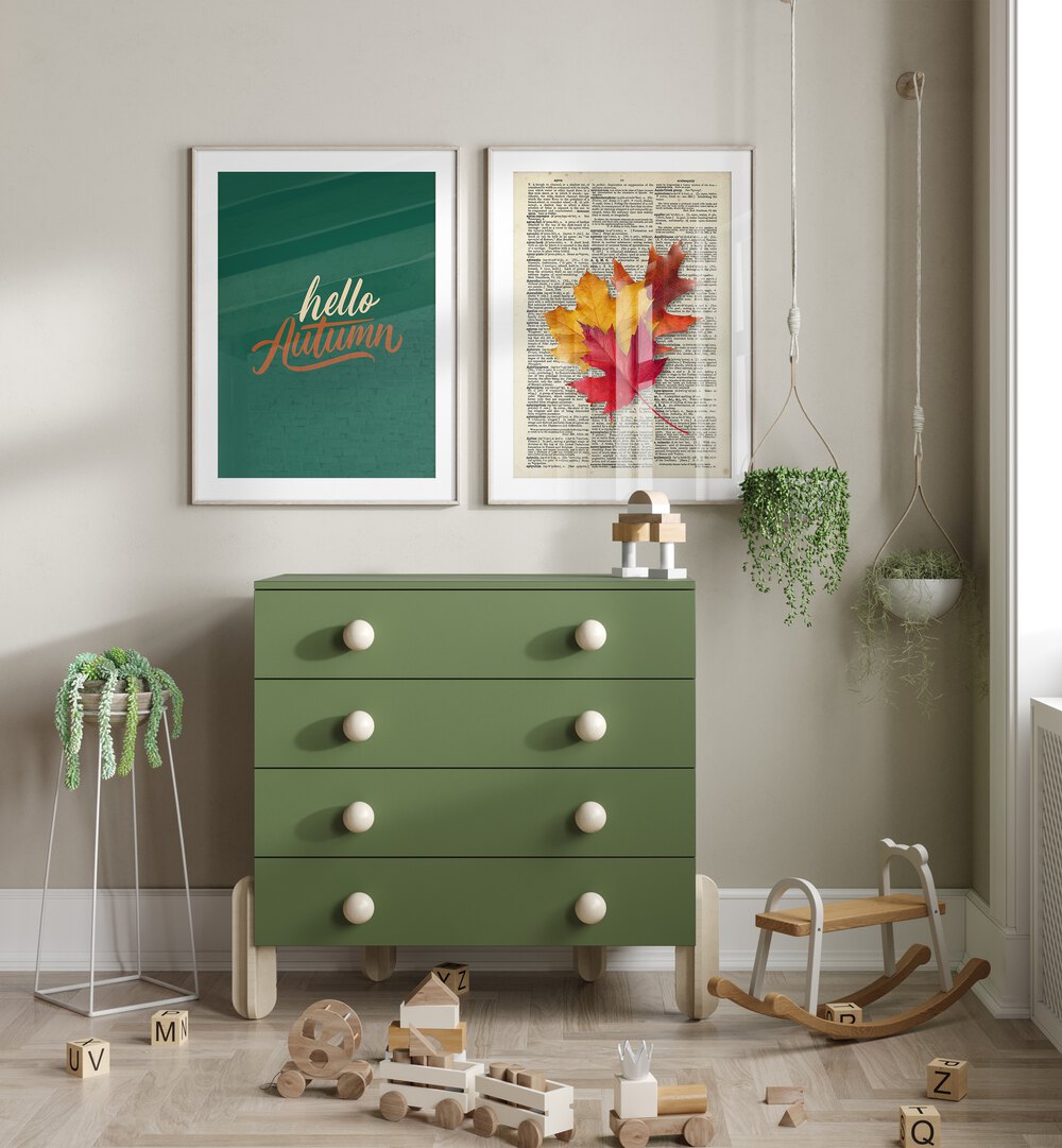 Cozy living space featuring the HELLO AUTUMN, SET OF 2 PAINTINGS with vibrant autumn designs and hues.