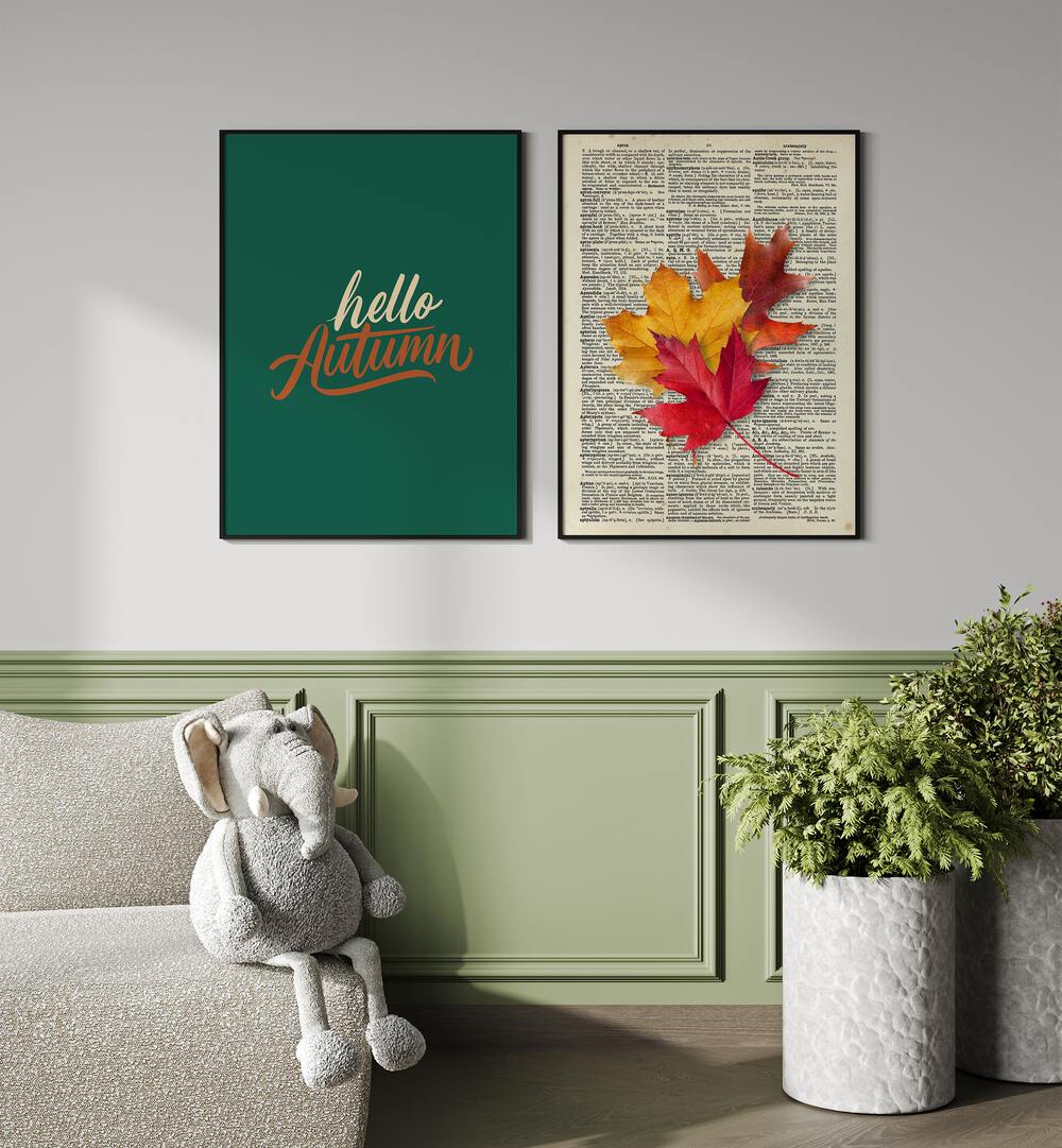 Cozy up your space with the HELLO AUTUMN, SET OF 2 PAINTINGS featuring vibrant autumn colors and designs.