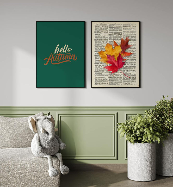 Cozy up your space with the HELLO AUTUMN, SET OF 2 PAINTINGS featuring vibrant autumn colors and designs.